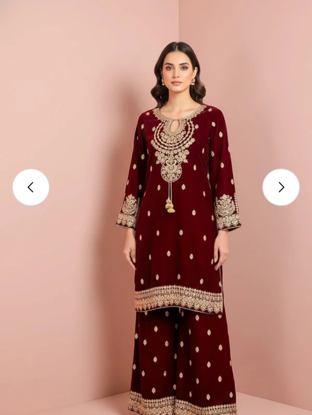 Pakistani Indian Bollywood Maroon Embroidered kurta with flare leg shalwar/pants